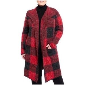 Joseph A. Women's Red Buffalo Plaid Long Cardigan Sweater Duster‎ Sz 2X Check